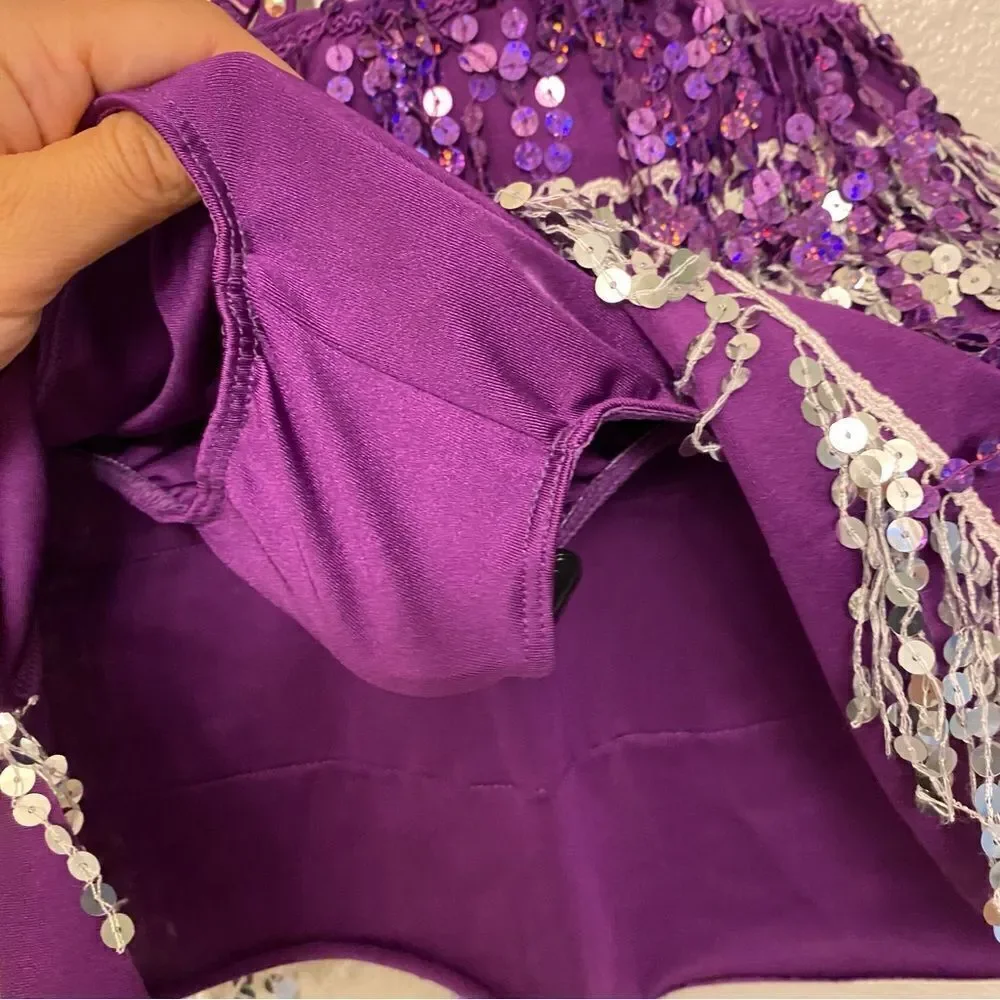 Glamour dance costume purple sequin gems rhinestone fringe embellished child M/L